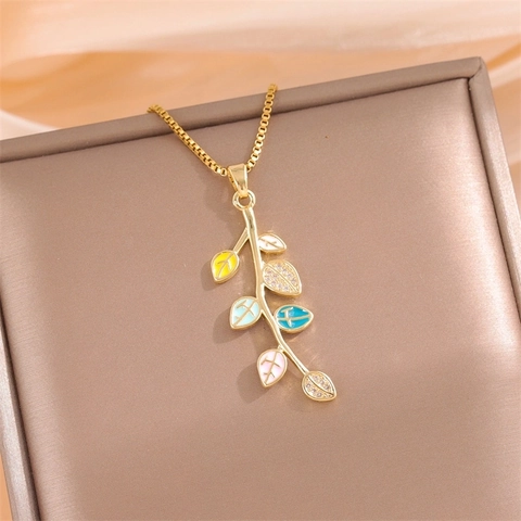 Elegant Leaf Branch Pendant Necklace Gold Plated Stainless Steel Colorful Enamel Zircon Inlaid Fashion Jewelry For Women