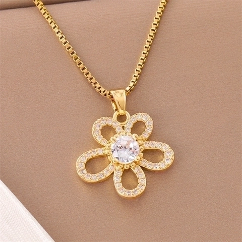 Flower Pendant Box Chain Necklace Stainless Steel Zircon Sparkly Gold Plated Dainty Luxury Jewelry For Women