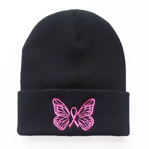 Butterfly Embroidery Knitted Beanie Hat Warm Winter Acrylic Cuffed Skull Cap For Women Men Pink Ribbon Awareness Soft
