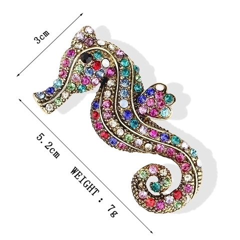 Vintage Zeepaardje Speld Kleurrijke Steentjes Legering Dier Reversspeld Voor Dames Heren Pak Trui Jas Accessoire Sieraden