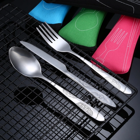 Reusable Portable Cutlery Tableware 410 Stainless Steel Floral Engraved Handle With Zip Storage Bag For Outdoor Travel