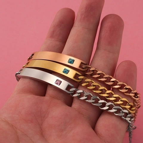 Pulsera De Cadena Cubana Minimalista Acero Inoxidable 304 Barra ID Curvada Zircón Cuadrado Joyería Pareja