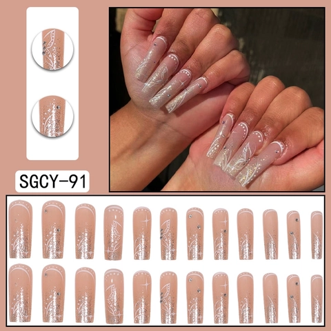 Press On Nails Lange Coffin Kunstnagels Met Vlindermateriaal Strass Glitter Nude Roze Voor Dames