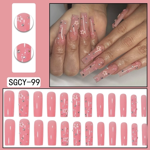 Uñas Press On Largas Cuadradas Rosas Con Decoración De Flores De Aleación Perla Artificial Diamante De Imitación Uñas Postizas Estilo Ins