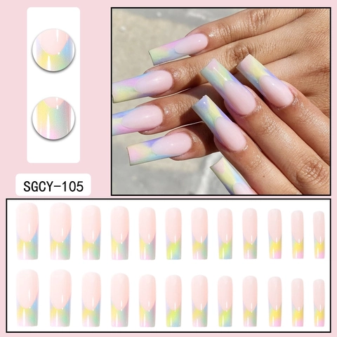 Lange Doodskist Vorm Plaknagels Regenboog Macaron Tie-Dye Frans Gradiënt Kunstnagels Manicure Decoratie Dames