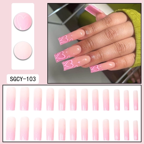 Unghie Finte Long Coffin Sfumatura Rosa Motivo Cuore Stella Unghie Artificiali Finitura Lucida Manicure DIY