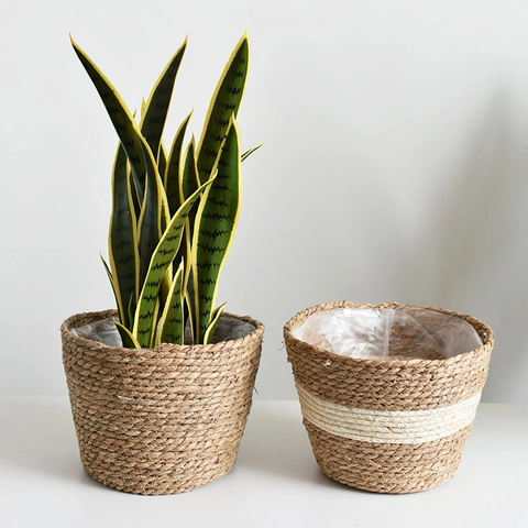 Handmade Woven Straw Flower Pot Basket For Plants Decorative Sea Grass Planter With Waterproof Liner For Indoor Home Decor