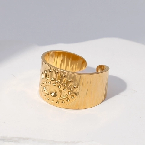 Evil Eye Wide Band Open Ring Stainless Steel 18K Gold Plated Hammered Textured Adjustable Fashion Jewelry For Women