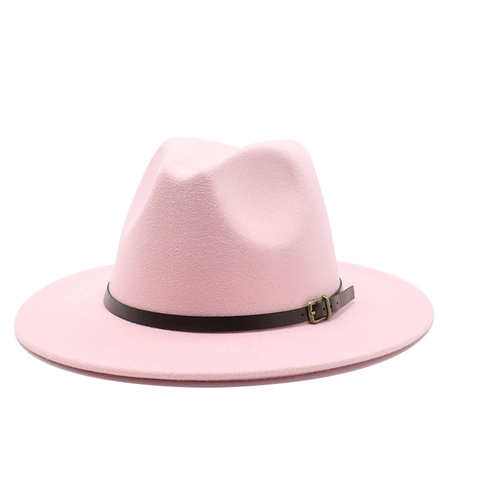 Classic Wide Flat Brim Fedora Hat Wool Felt Vintage Jazz Cap With Faux Leather Belt Buckle For Men Women