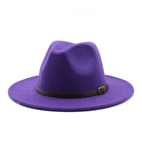 Classic Wide Flat Brim Fedora Hat Wool Felt Vintage Jazz Cap With Faux Leather Belt Buckle For Men Women