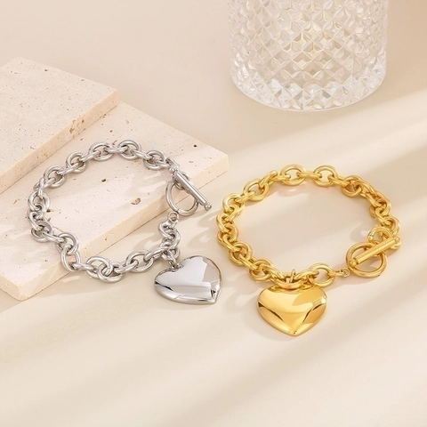 Collar Y Pulsera Con Colgante De Corazón Acero Inoxidable Chapado En Oro 18K Cadena Gruesa Cierre OT Moderno Para Mujer