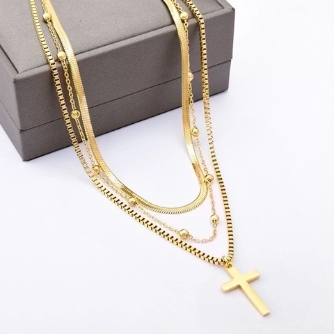Collana A Triplo Strato Con Pendente A Croce Acciaio Inossidabile Placcato Oro Gioielli Di Moda Per Donna