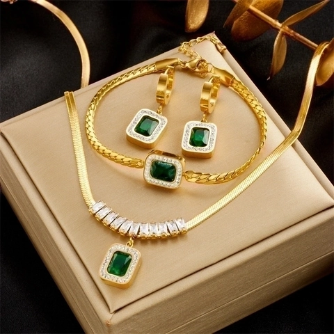 Emerald Green Square Zircon Necklace Earrings Bracelet Gold Plated Titanium Steel Retro Luxury Fashion Jewelry For Women