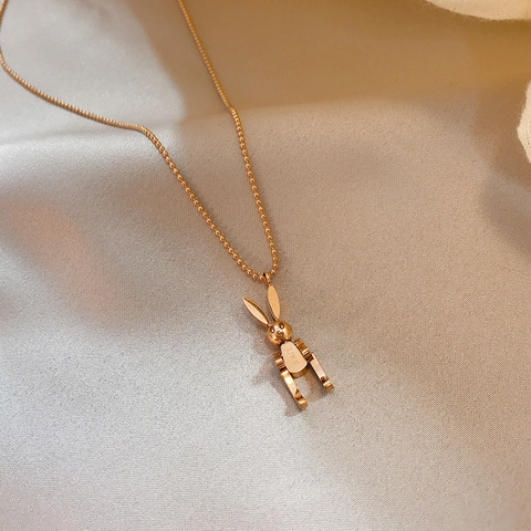 Stainless Steel Movable Mechanical Rabbit Pendant Necklace With Luck Engraving Gold Rose Gold Silver Jewelry For Women