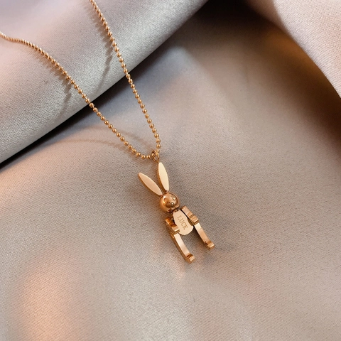 Stainless Steel Movable Mechanical Rabbit Pendant Necklace With Luck Engraving Gold Rose Gold Silver Jewelry For Women
