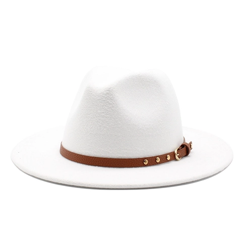 Classic Fedora Hat Vintage Woolen Felt Flat Wide Brim Rivet PU Leather Belt British Style Jazz Cap For Men Women
