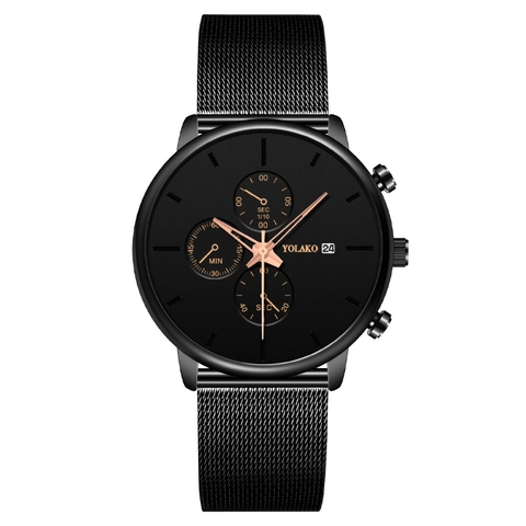 Men Business Fashion Quartz Watch Stainless Steel Mesh Band Calendar Three Eye Dial Round Waterproof Analog Wristwatch Gift