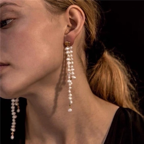 Barokke Zoetwaterparel Lange Kwastje Hangende Oorbellen Met Koperen Oorsteker Retro Elegante Sieraden