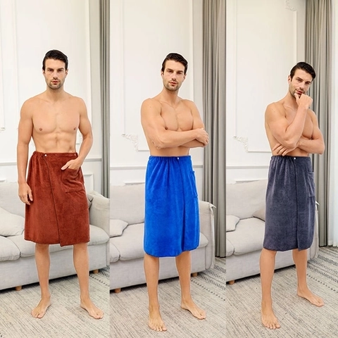 Men Wearable Bath Towel Soft Microfiber Quick Dry Bathrobe Skirt With Pocket Button Closure Solid Color For Sauna Spa