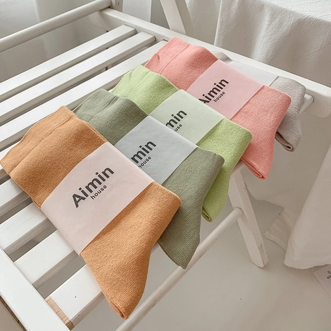 Damen Mid Calf Crew Socken Gekämmte Baumwolle Atmungsaktiv Einfarbig Morandi Weich Rippstrick Japanischer Stil Mode