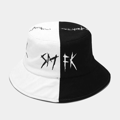 Cappello Alla Pescatora Con Stampa Graffiti Tela Di Cotone Bianco Nero Contrasto Patchwork Streetwear Hip Hop Unisex