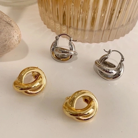 Pendientes de Aro Minimalistas de Cobre Trenzado Planeta Hueco Con Poste de Plata de Ley 925 Chapado en Oro Plata Mujer