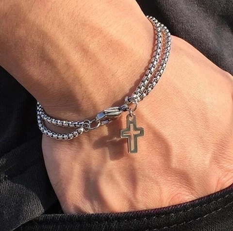 Men Double Layer Chain Bracelet Stainless Steel Hollow Cross Pendant Silver Color Jewelry For Daily Wear