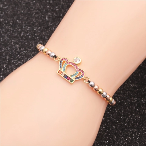 Tree Of Life Crown Charm Bracelet Copper Mixed Color Beads Micro Cubic Zirconia Adjustable Woven Cord Jewelry For Women
