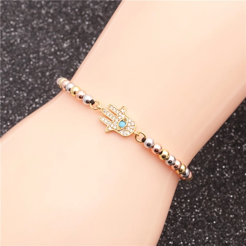 Hamsa Hand Evil Eye Cross Bracelet Copper Tricolor Beads Micro Pave Zircon Adjustable Woven Rope Ethnic Jewelry For Women
