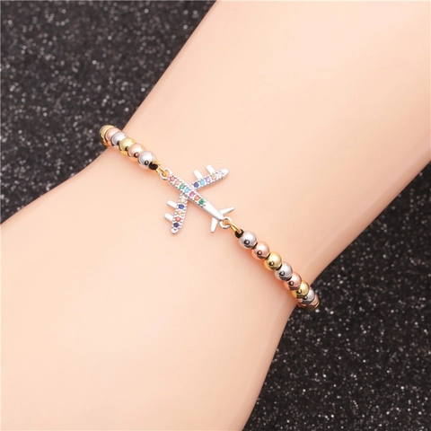 Multi Colored Zircon Airplane Arrow Bar Bracelet Copper Multi Tone Beads Adjustable Braided Cord Fashion Jewelry For Women