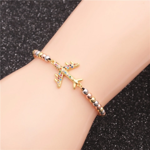 Multi Colored Zircon Airplane Arrow Bar Bracelet Copper Multi Tone Beads Adjustable Braided Cord Fashion Jewelry For Women