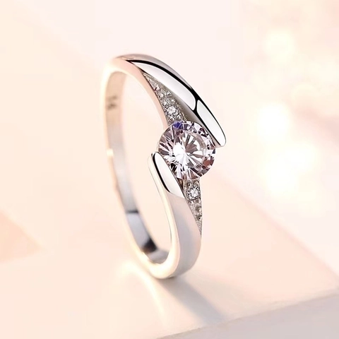 Anello Aperto Regolabile in Argento Sterling 925 Classico Tondo con Strass Intarsiato Gioielli di Moda per Donna