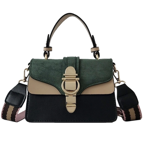 Vintage Color Block Shoulder Bag PU Leather Suede Square Handbag Wide Striped Strap Metallic Lock