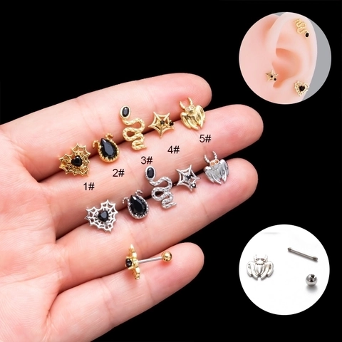 Stainless Steel Cartilage Stud Earrings Copper Zircon Double Head Screw Ball Back Heart Spider Web Snake Piercing Jewelry