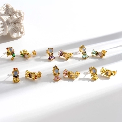 Little Fish Stud Earrings Copper Gold Plated Multicolor Zircon Opal Geometric Jewelry For Women Girls Daily Fashion Niche Small