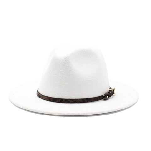 Wide Brim Wool Felt Fedora Hat Leopard Print Band Flat Top Jazz Cap For Women Men Vintage Elegant Solid Color Headwear