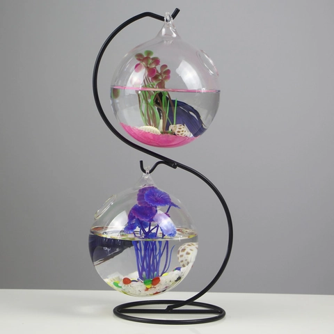 Hängender Glasfischbehälter Mikro Landschaftsvase Mit Metallständer Desktop Aquarium Klare Schale Home Office Deko Modern