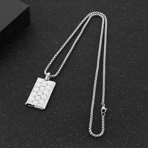 Men Hip Hop Stainless Steel Pendant Necklace With Zircon Geometric Hexagon Pattern Square Tag Box Chain Jewelry