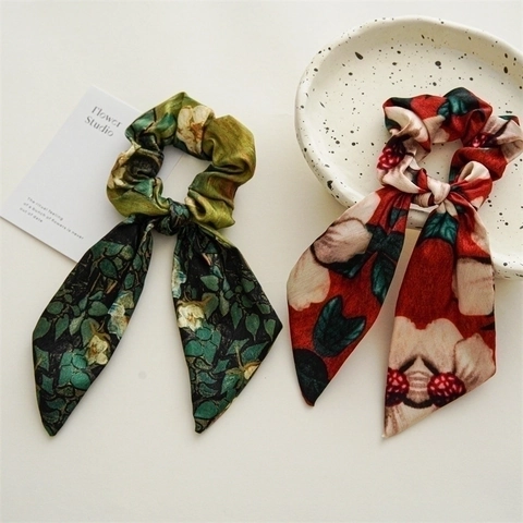 Künstlerischer Druck Scrunchie Haargummi KunstSatin Satin Lange Bänder Schleife Französisch Retro Kopfschmuck Damen