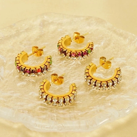 Orecchini A Cerchio A Forma Di C In Acciaio Inossidabile Placcato Oro 18K Con Strass A Doppia Fila Per Donna