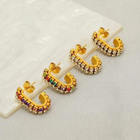Edelstahl 18K Vergoldete C-Form Hoop Ohrringe Mit Bunten Weißen Strasssteinen Geometrische Retro Mode Für Frauen