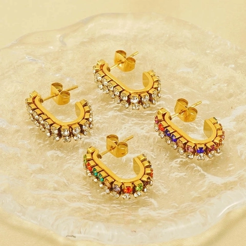 Pendientes De Aro Acero Inoxidable Chapado En Oro De 18K Con Doble Fila De Estrás Circón Colorido Joyas Mujer