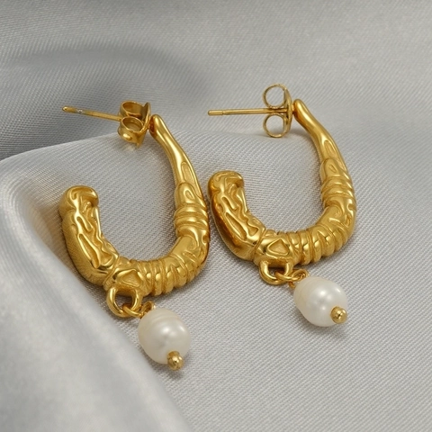 Vintage C-Vormige Roestvrijstalen 18K Vergulde Hoop Drop Oorbellen Met Kunstparel Textuur Voor Vrouwen Mode Sieraden
