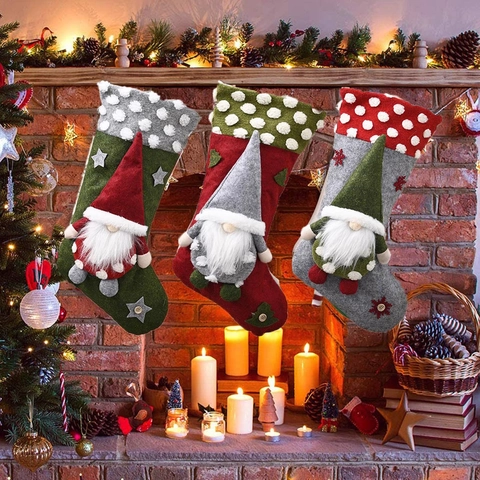 Christmas Stocking Decoration With 3D Gnome Doll Lamb Wool Felt Fabric For Fireplace Mantle Hanging Holiday Decor