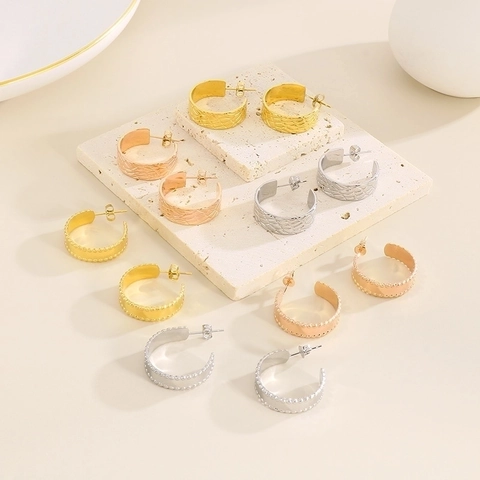 Hoop Ohrringe C-Form Edelstahl 18K Vergoldet Perlenkante Krokodil Textur Vintage Geometrisch Breit Offen Damen Schmuck