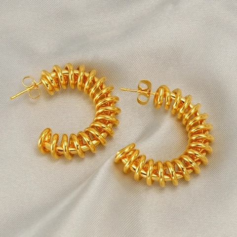Stainless Steel Hoop Earrings 18K Gold Plated Spiral Spring C Shape Textured Hollow Out Fashion Jewelry For Women