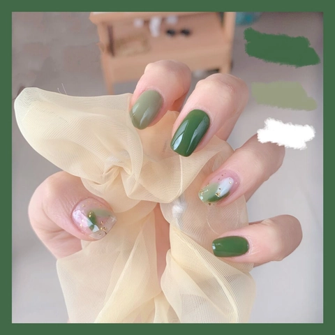 Forest Green Press On Nails Short Square Gold Foil Marble Design Artificial False Nails Waterproof Glossy Natural Women