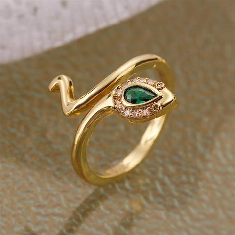 Anello Serpente Rame Placcato Oro Micro Pave Zircone Pietra Verde Regolabile Aperto Stile Punk Gioielli Uomo Donna