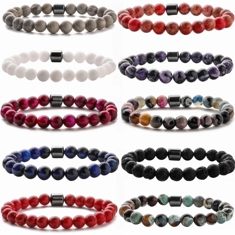 Natural Stone Beaded Bracelet Tiger Eye Lava Stone Hematite Elastic Handcrafted Fashion Jewelry Men Unisex