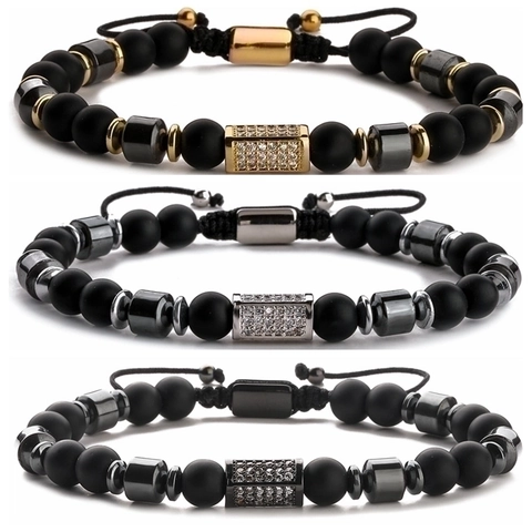 Men Matte Black Stone Beaded Bracelet Micro Pave Zircon Metal Spacers Adjustable Braided Rope Fashion Jewelry